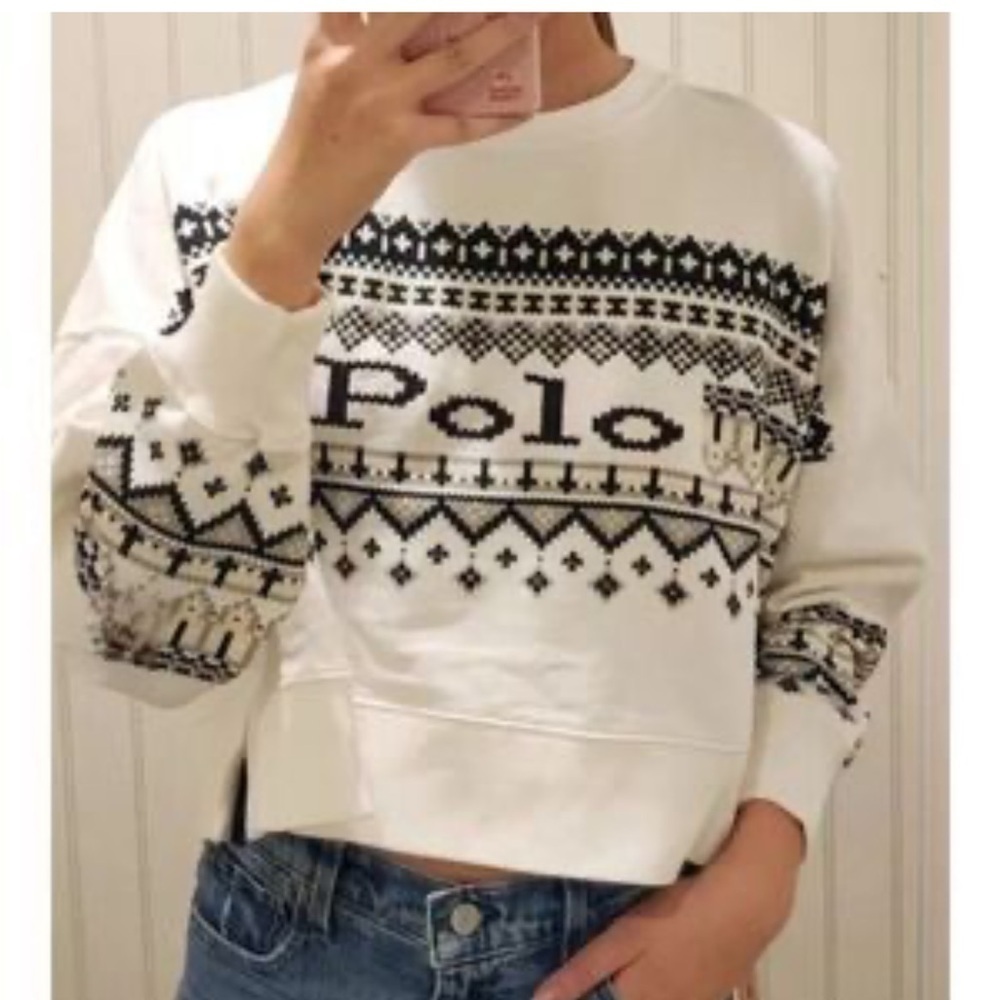 Polo Ralph Lauren Fair Isle Cropped White Women Sweatshirt Pullover Top XL NEW
